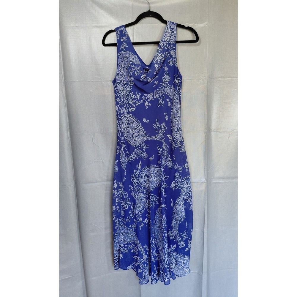 Signature by Robbie Bee Chiffon Floral Midi Dress Sz 10 Paisley Blue Draped